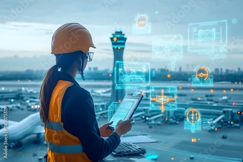 Futuristic Airport Surveyor Monitoring Airspace and Infrastructure with Digital Floating Icons
