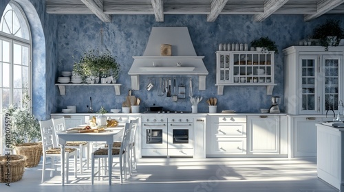 Sunlit white kitchen with blue walls, wooden beams, and farmhouse table.