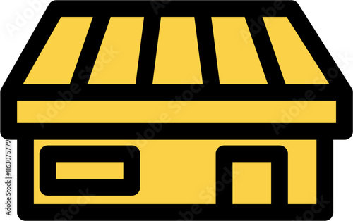 A simple illustration of a yellow shop or store building with a striped awning.
