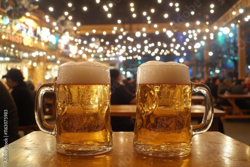 Two frothy beer mugs on a table amidst a lively oktoberfest celebration with joyful patrons photo