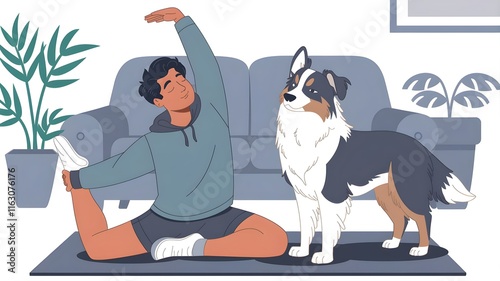 Man Stretching with Dog Companion at Home photo