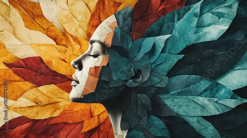 A stylized portrait of a woman with colorful, leaf-inspired elements surrounding her.