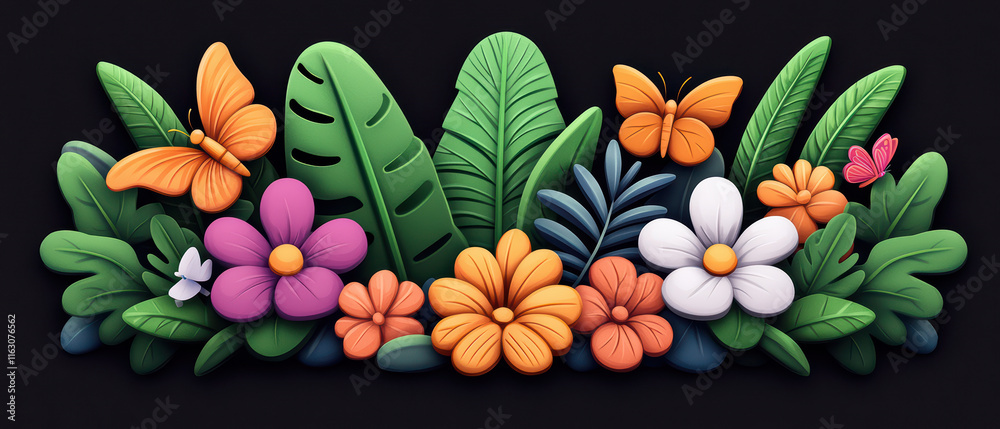 Fototapeta premium Vibrant cartoon style of colorful flowers and butterflies