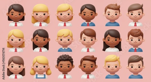 Diverse cartoon character avatars collection on pink background for creative design projects