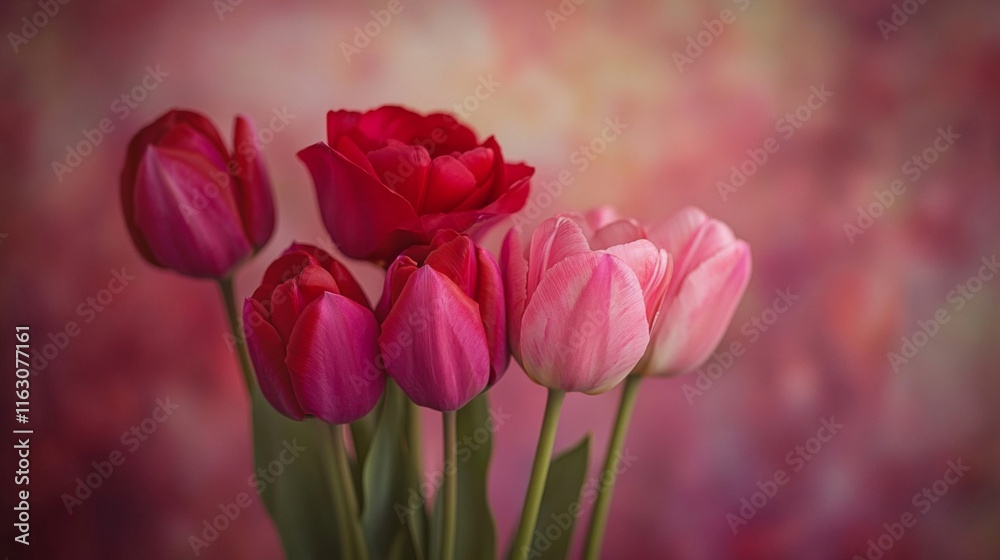 Fototapeta premium A Bouquet of Pink and Red Tulips Blooms