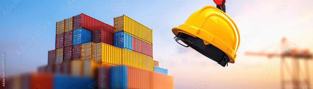 close up view of construction site with yellow hard hat and cargo containers, symbolizing safety and logistics close up view of construction site with yellow hard hat and cargo containers, symbolizing safety and logistics