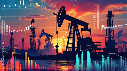 Oil Pump Jack at Sunset with Data Visualization Overlay: Connecting Industry and Analytics