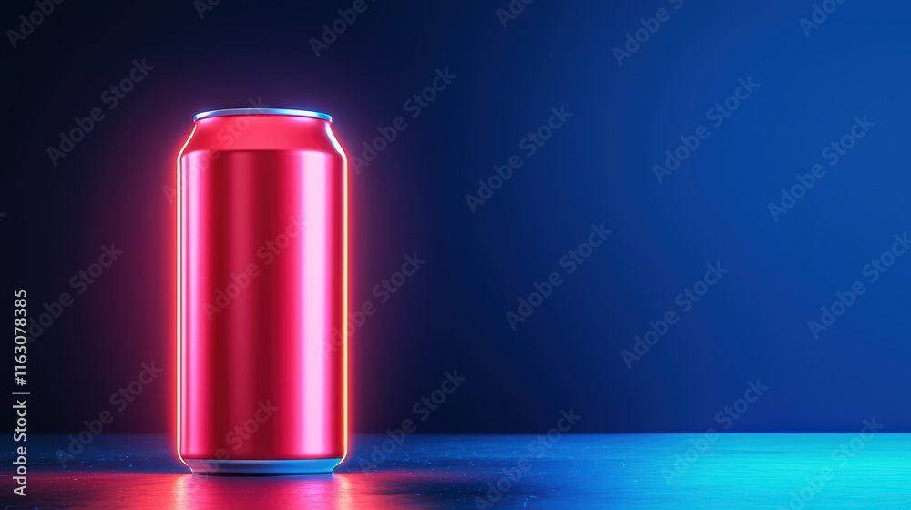 vibrant red soda can illuminated with neon colors against dark background, creating striking visual effect vibrant red soda can illuminated with neon colors against dark background, creating striking visual effect