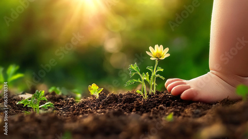 barefood baby legs on earth with flower photo