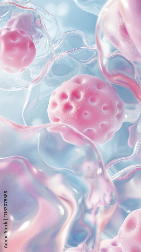 Fototapeta premium Pink cellular structures blue swirling liquid microscopic biology close-up