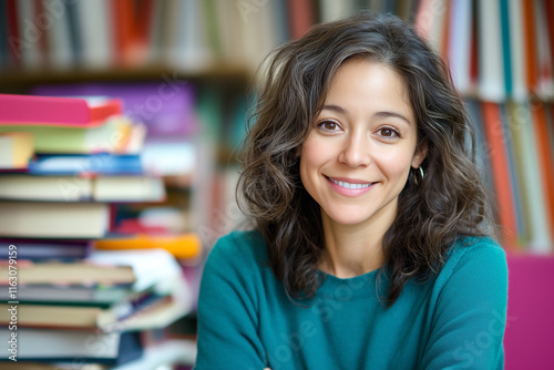 Woman smiling in a library surrounded by colorful books
