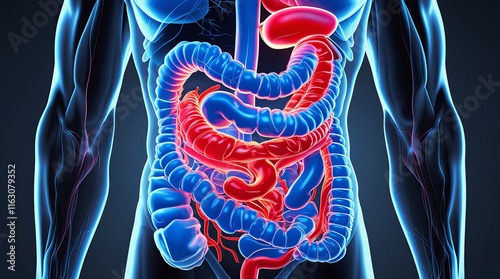 Human Digestive System Highlighting Intestinal Health and Inflammation