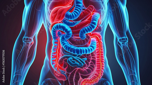 Human Digestive System Highlighting Intestinal Health and Inflammation