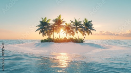 Idyllic sunset over tropical island with palm trees.