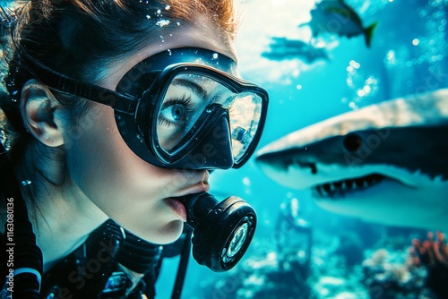 Young female scuba diver swimming with great white shark in vibrant blue ocean underwater scene