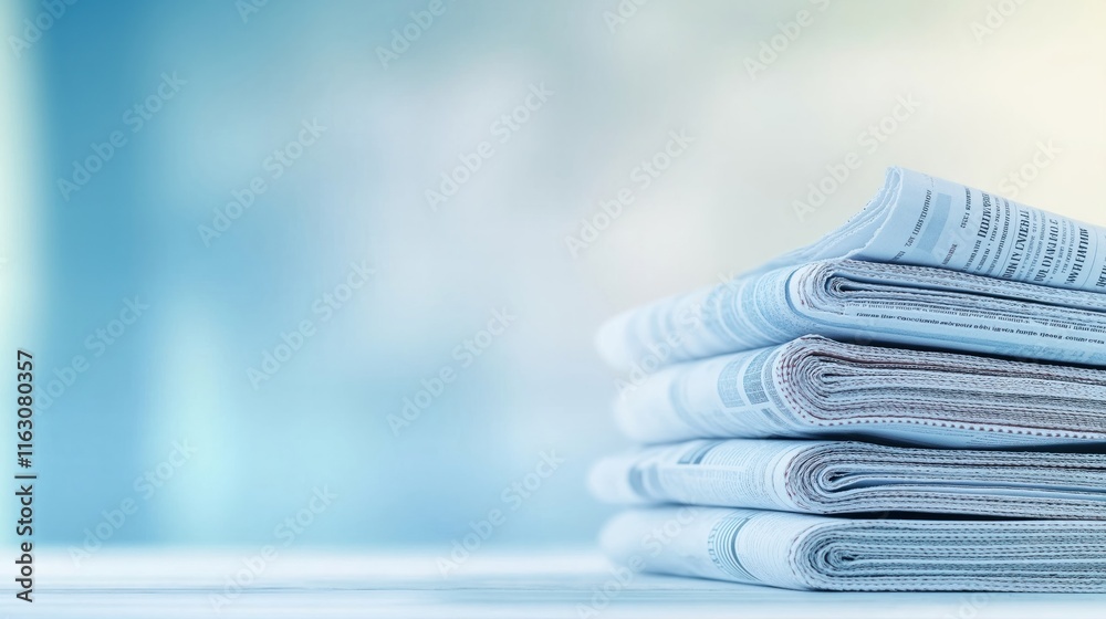 Neatly stacked newspapers rest on table against soft blue, white gradient background. Close-up view highlights rich details within printed material. Calm, organized scene. Newspapers show intricate Neatly stacked newspapers rest on table against soft blue, white gradient background. Close-up view highlights rich details within printed material. Calm, organized scene. Newspapers show intricate