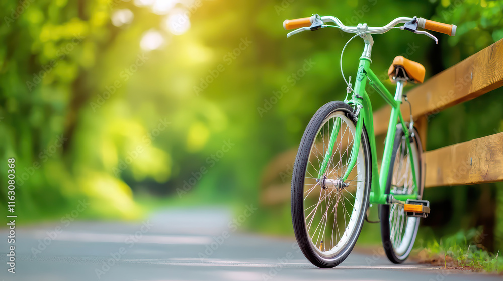 Fototapeta premium green bicycle parked beside wooden fence on serene countryside road, surrounded by lush greenery and soft sunlight