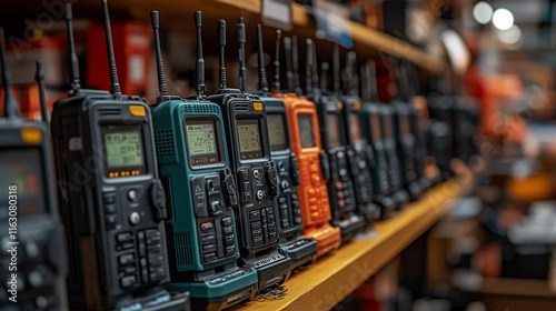 Row Of Portable Two Way Radios On Shelf