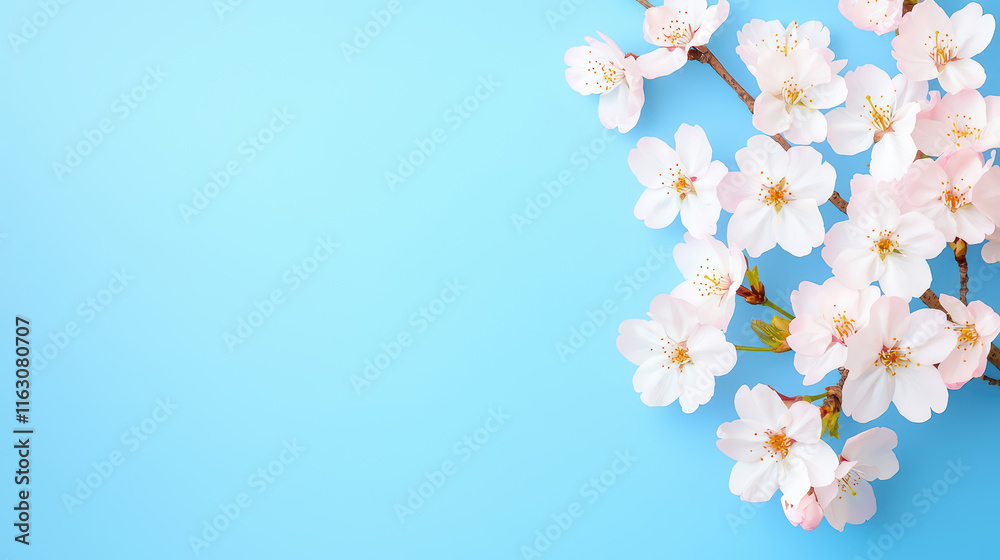 Fototapeta premium close up view of cherry blossom branches against blue background, showcasing delicate pink flowers that evoke sense of tranquility and beauty