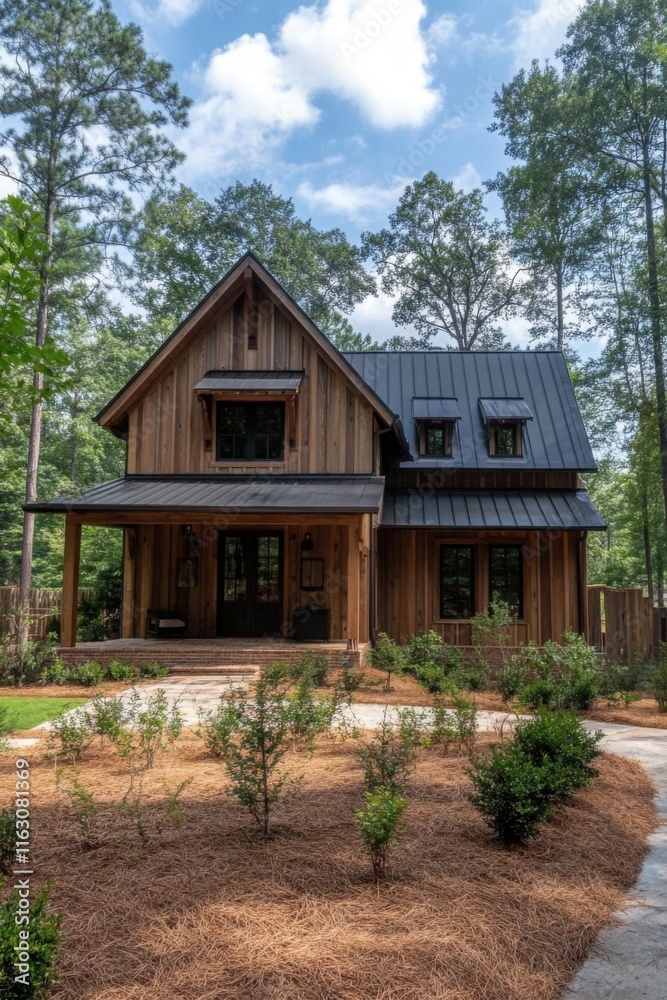Charming wooden house with modern design surrounded by trees in a serene location Charming wooden house with modern design surrounded by trees in a serene location