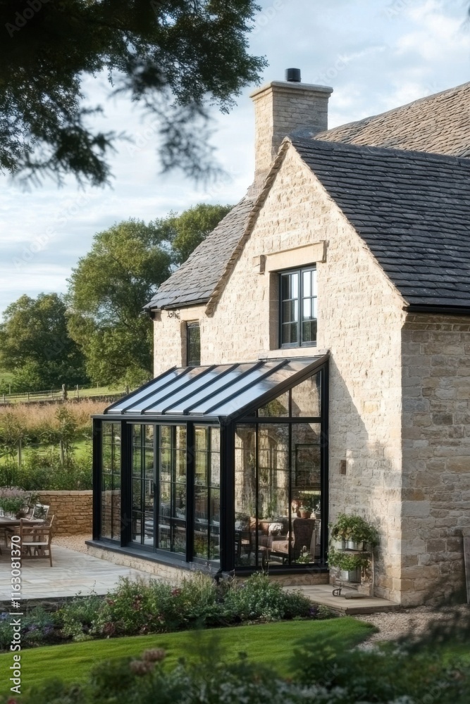 Modern greenhouse attached to rustic stone house with picturesque garden and lush green surroundings Modern greenhouse attached to rustic stone house with picturesque garden and lush green surroundings