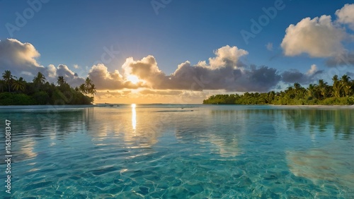 Aitutaki, Cook Islands - Mesmerizing Sunset over the Tropical Lagoon with Calm Waters, Golden Sky, and Dreamy Island Views