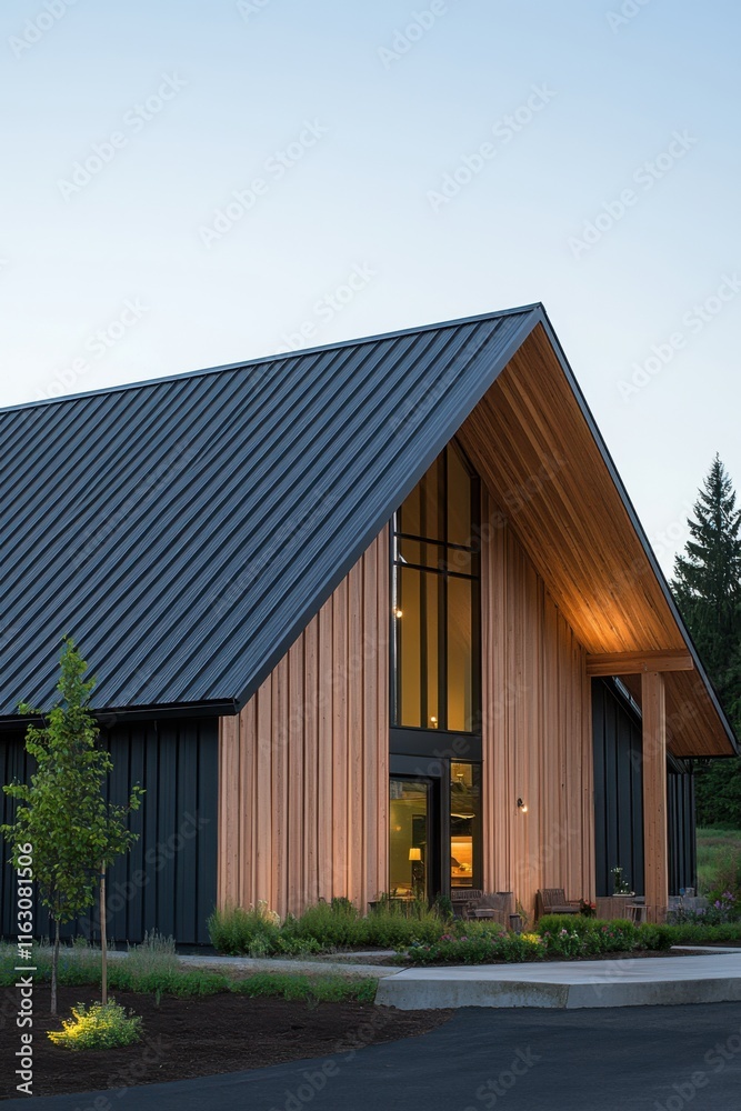 Modern architectural design featuring a sleek building with a wooden facade in a tranquil natural setting Modern architectural design featuring a sleek building with a wooden facade in a tranquil natural setting