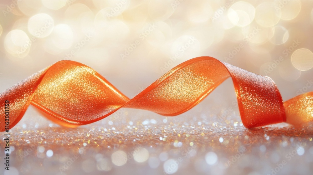 Naklejka premium Orange ribbon swirls on glittery background
