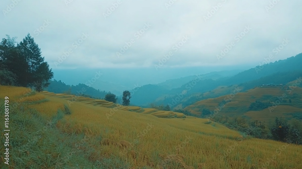 Misty mountain rice terraces landscape. Misty mountain rice terraces landscape.