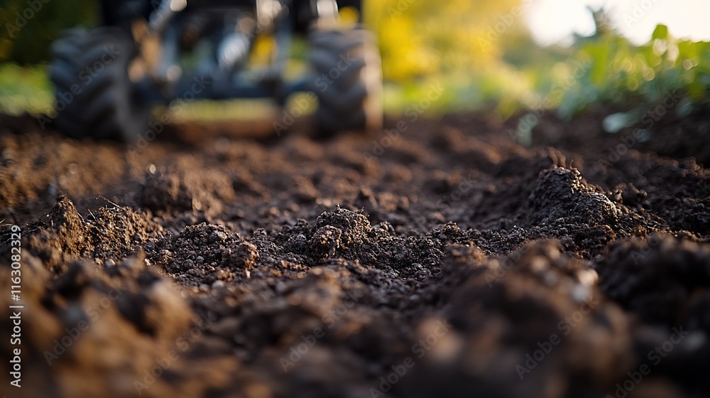 Fototapeta premium Tractor Tilling Dark Brown Soil In Field