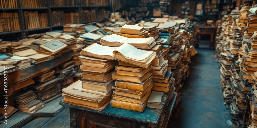 Fototapeta premium A vast collection of vintage and antiquarian books is meticulously stacked in a historic library, showcasing the rich history and timeless charm of printed literature