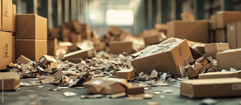 Crushed cardboard boxes with broken fragile stickers, strewn across a loading dock Crushed cardboard boxes with broken fragile stickers, strewn across a loading dock