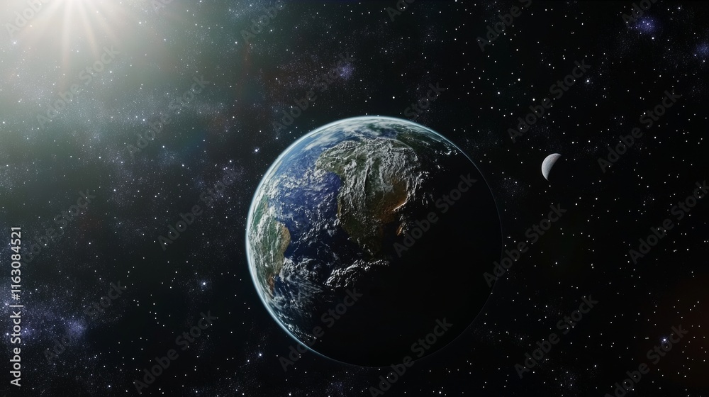 Fototapeta premium Stunning view of earth from space with diverse satellites, illuminated planet, and cosmic background