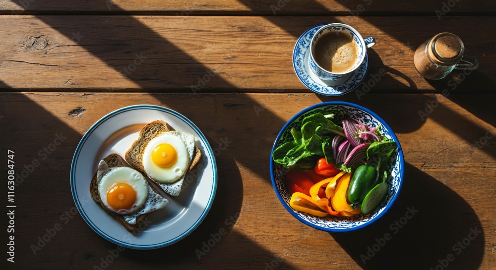 A top-down view of a vibrant farmer’s breakfast with eggs, toast, and fresh vegetables A top-down view of a vibrant farmer’s breakfast with eggs, toast, and fresh vegetables