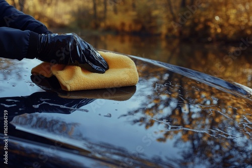 A person polishes a sleek black car s headlight and hood with a yellow microfiber cloth in sunlight photo