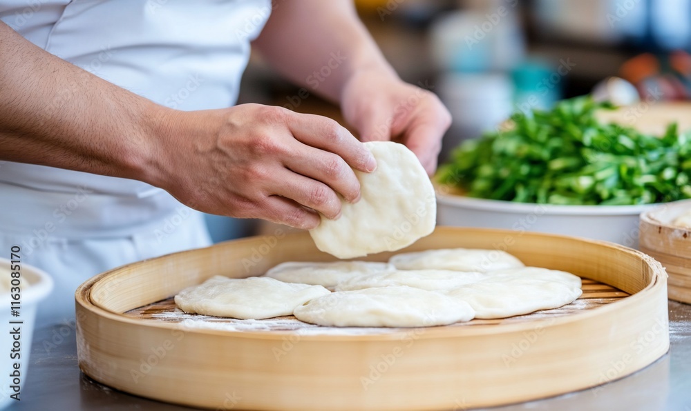 A chef preparing dough in a bamboo steamer with fresh greens nearby. A chef preparing dough in a bamboo steamer with fresh greens nearby.
