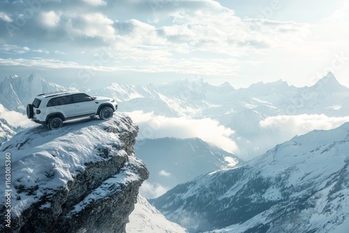 White off road suv dominates snowy mountain peak amidst majestic alpine landscape and clear skies