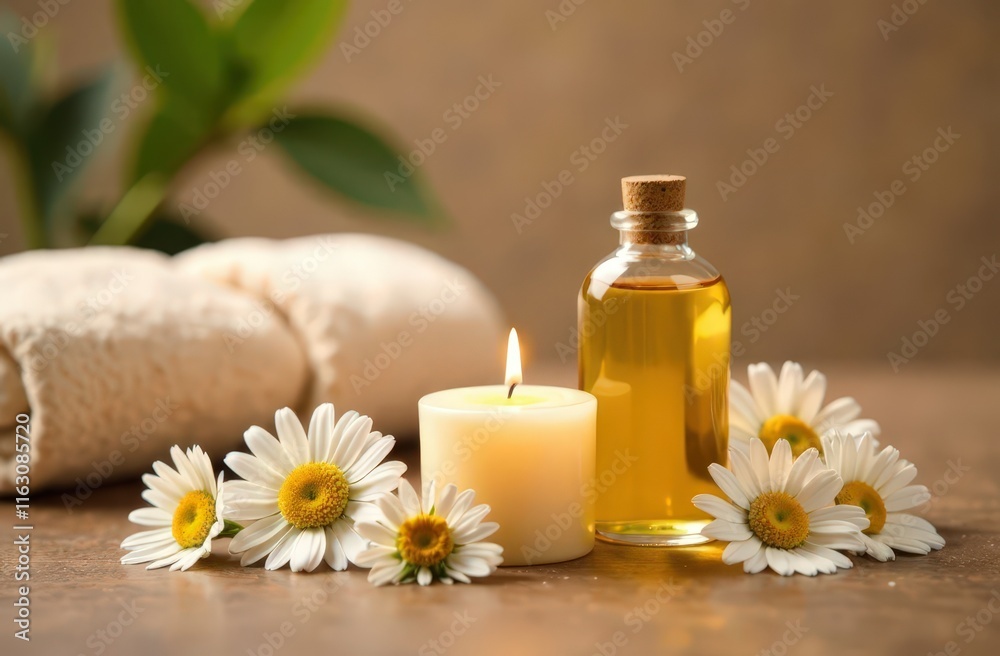 Spa decoration with candle, daisies , white flowers and a bottle with massage oil, beauty wellness centre. Spa product are placed in luxury spa resort room Spa decoration with candle, daisies , white flowers and a bottle with massage oil, beauty wellness centre. Spa product are placed in luxury spa resort room