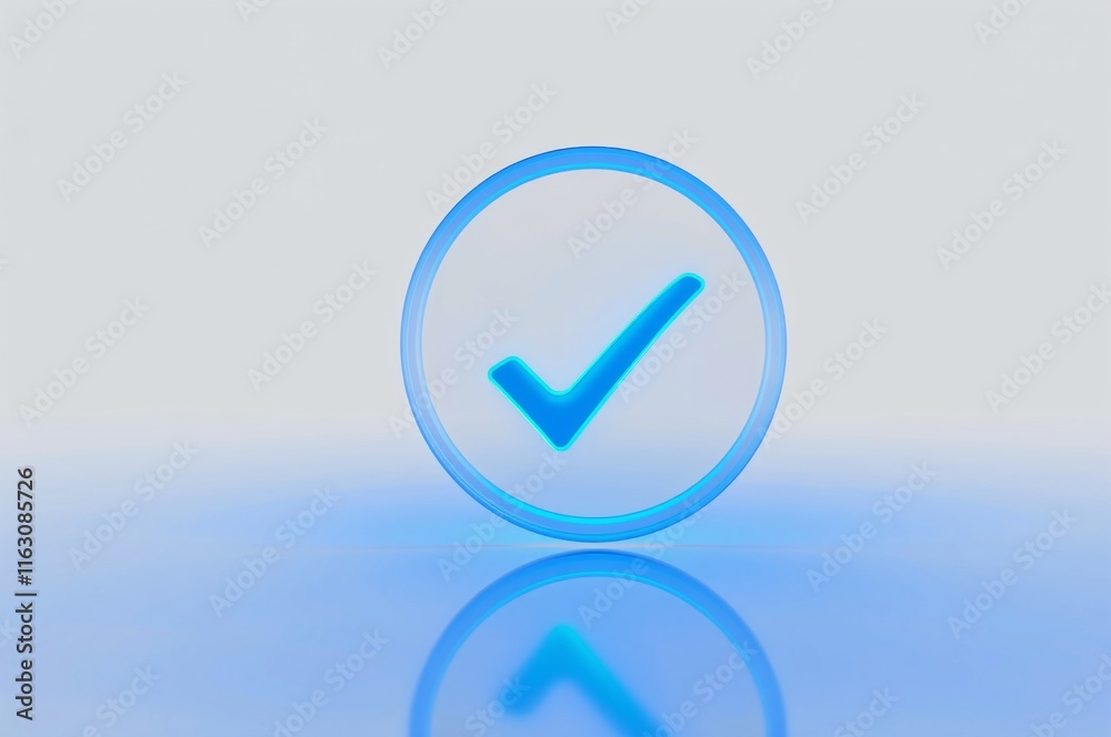 Abstract Blue Check Mark with Reflections on Soft Background Abstract Blue Check Mark with Reflections on Soft Background