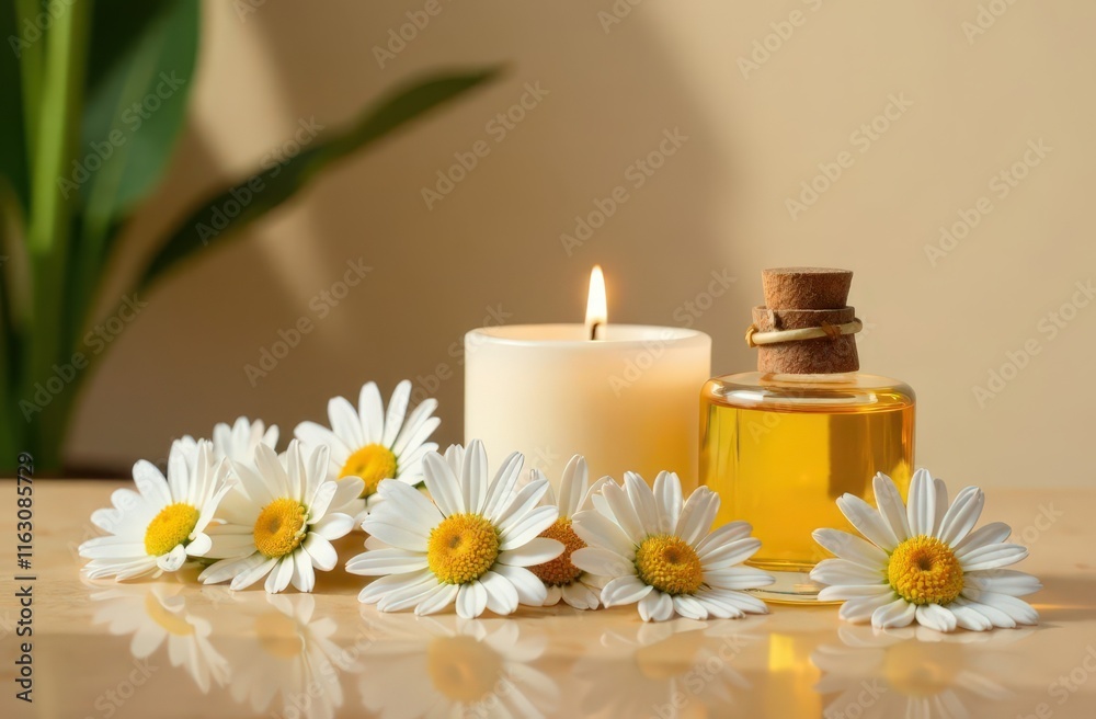 Spa decoration with candle, daisies , white flowers and a bottle with massage oil, beauty wellness centre. Spa product are placed in luxury spa resort room Spa decoration with candle, daisies , white flowers and a bottle with massage oil, beauty wellness centre. Spa product are placed in luxury spa resort room