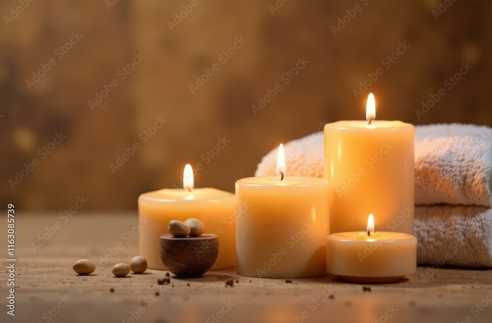 A vanilla scented candle is being burned on a beige background, creating a cozy and warm autumn atmosphere with dried leaves and flowers. This composition represents the comforts of home, spa A vanilla scented candle is being burned on a beige background, creating a cozy and warm autumn atmosphere with dried leaves and flowers. This composition represents the comforts of home, spa