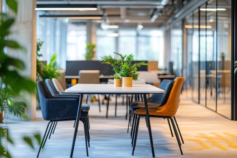 Modern office interior with blurry bokeh lights and ample copy space for business design projects Modern office interior with blurry bokeh lights and ample copy space for business design projects
