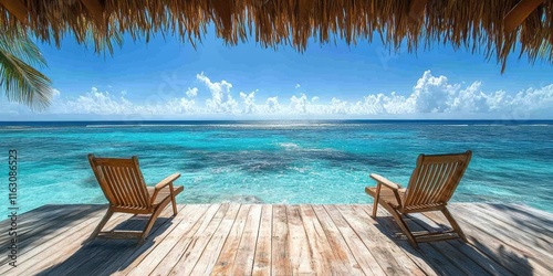 A serene beachfront landscape with a view of the turquoise ocean under a perfect blue sky, bordered by lush palm leaves and wooden deck chairs set for tranquil relaxation