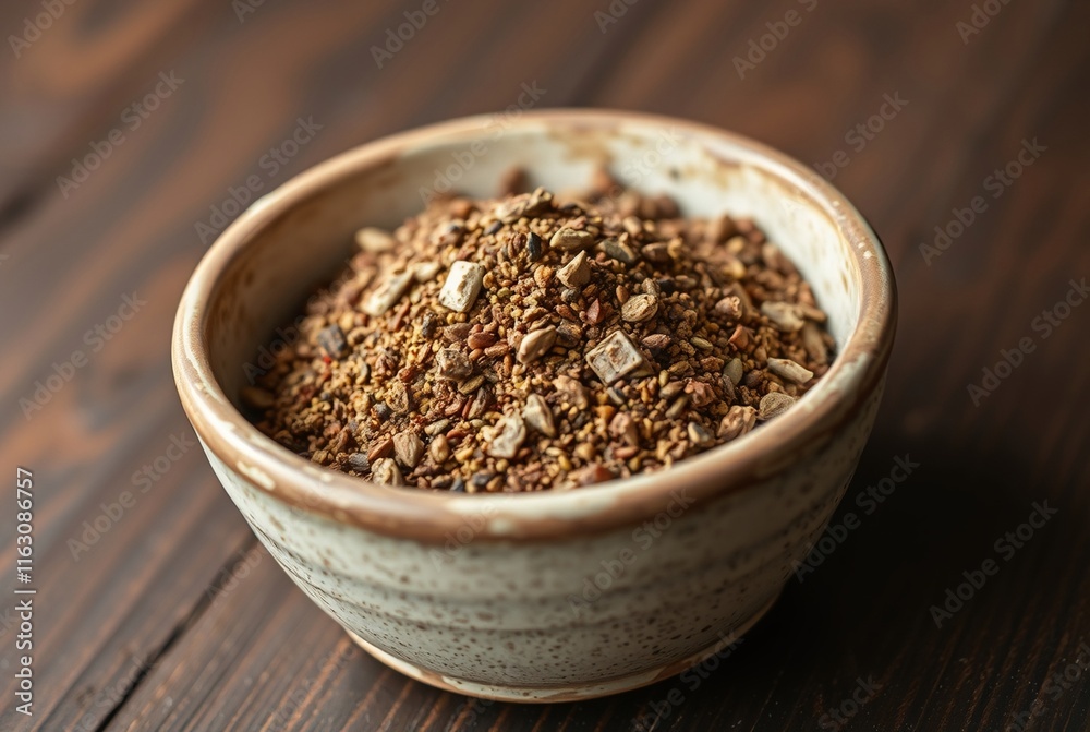 Close-up of a Rustic Ceramic Bowl Filled with a Mixture of Ground Spices and Herbs Close-up of a Rustic Ceramic Bowl Filled with a Mixture of Ground Spices and Herbs