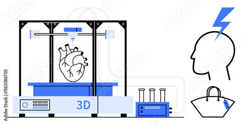 3D printer producing a human heart, scientific lab equipment, human head silhouette with lightning bolt, and bag. Ideal for medical innovation, healthcare, technology, creativity, research