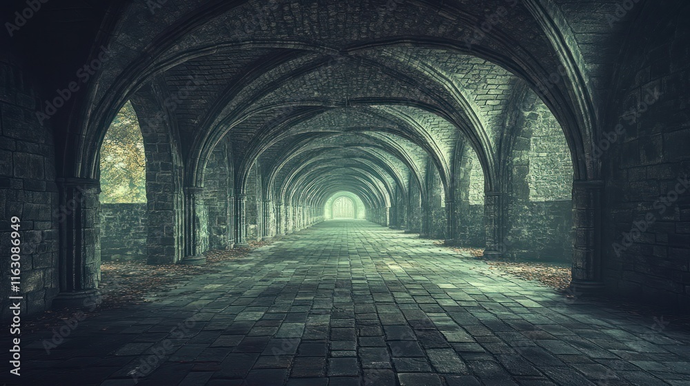 Obraz premium Mysterious stone archway tunnel leading to light.