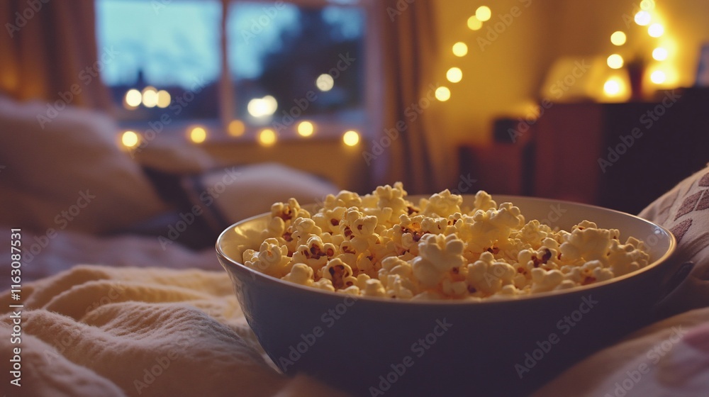 A cozy scene featuring a bowl of popcorn in a softly lit room. A cozy scene featuring a bowl of popcorn in a softly lit room.
