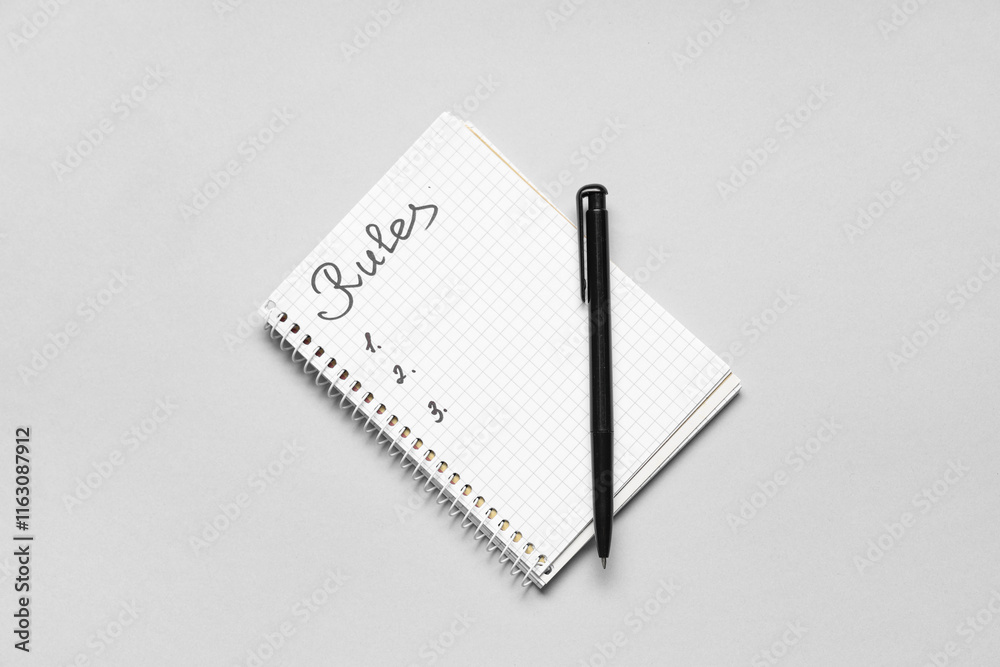 Notebook with blank list of rules on light background Notebook with blank list of rules on light background