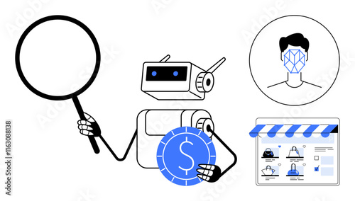 Robot holding magnifying glass and coin, facial recognition icon, online store interface. Ideal for AI, finance, e-commerce, cybersecurity, technology automation and digital marketing themes. Line