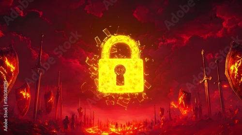 Glowing Digital Lock Floating in Fiery Dystopian Landscape with Swords and Shields photo